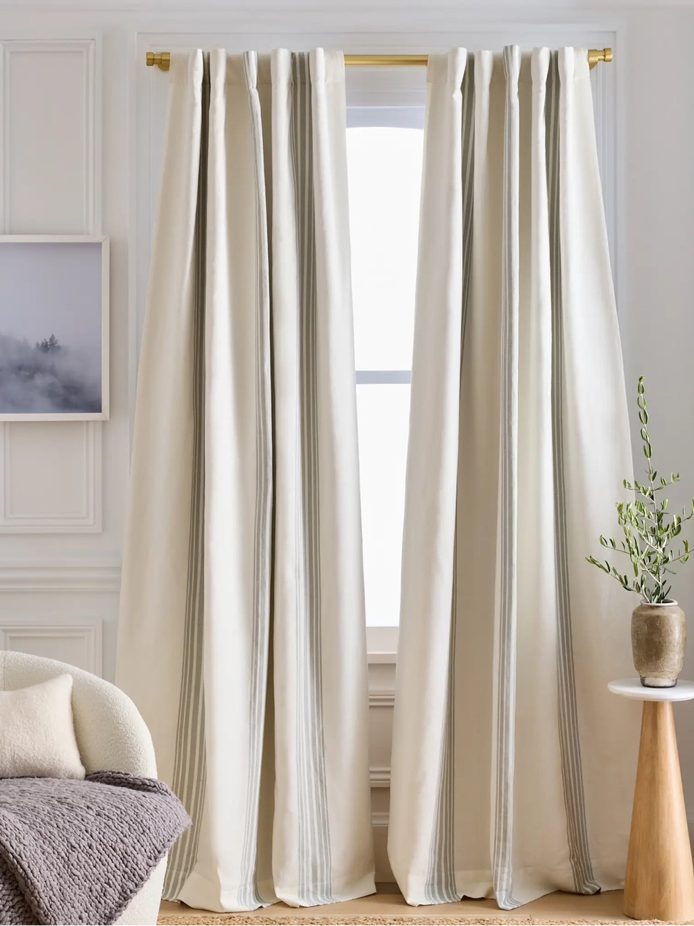 NWT QUINCE Set 2 48x96 Coastal Stripe Linen Cotton Blackout Curtains 5209
